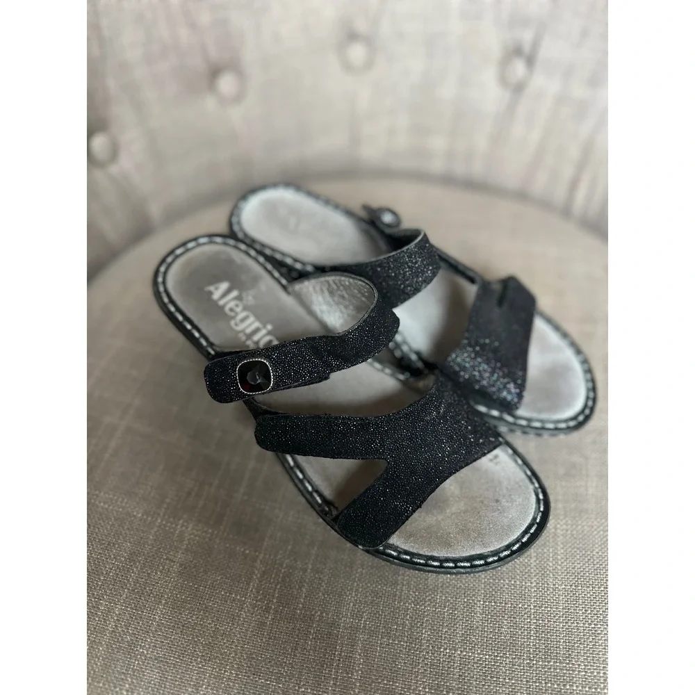 Alegria PG Lite‎ Black Glitter Wedge Sandals Women 35 Gemstone Comfort Slip On